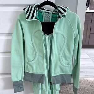 Lululemon Athletica Mint Green Jacket with Striped Hood, Matching Pants and Top